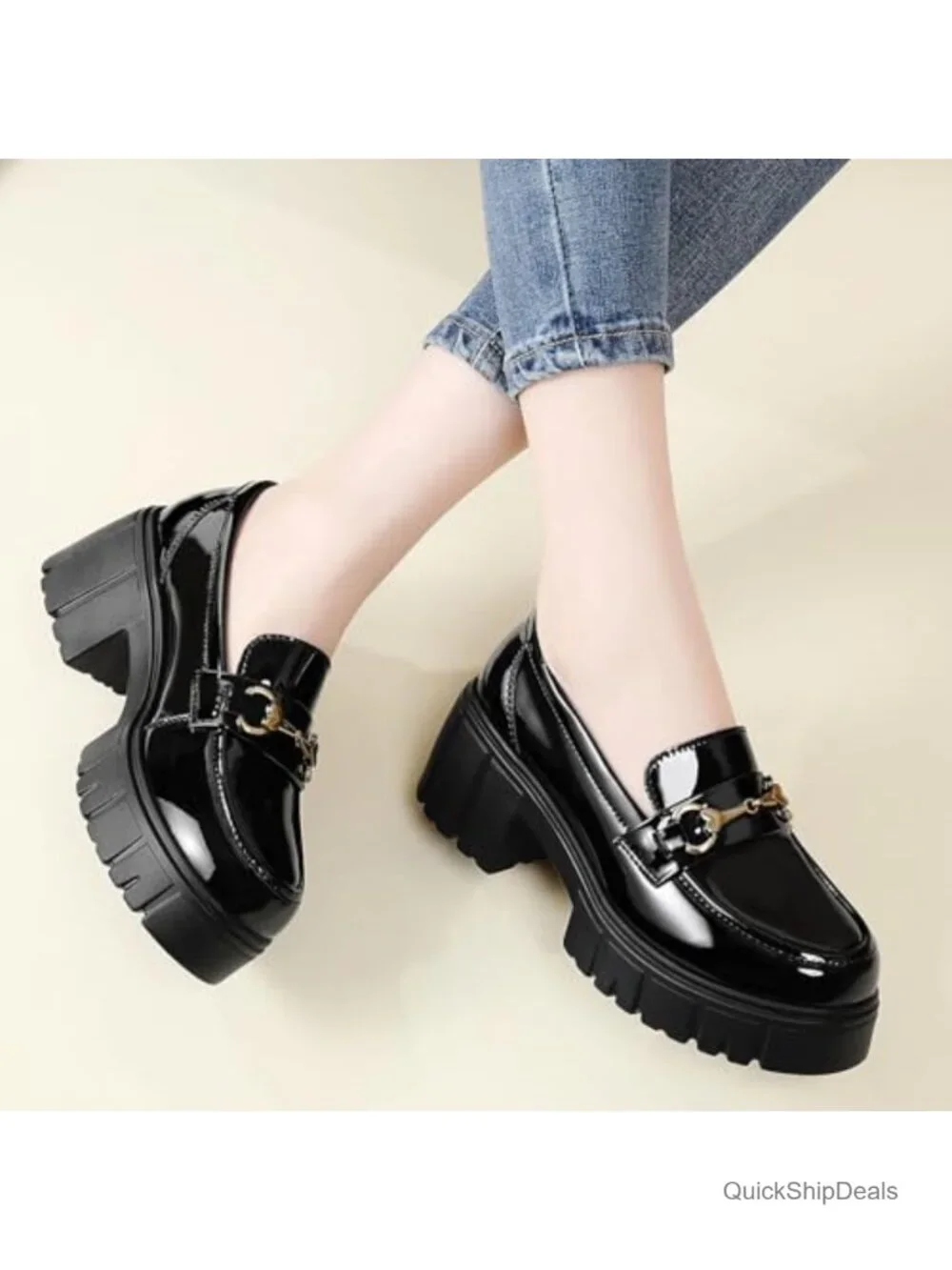 Chunky Platform Loafers for Women Leather Slip-On Round Toe